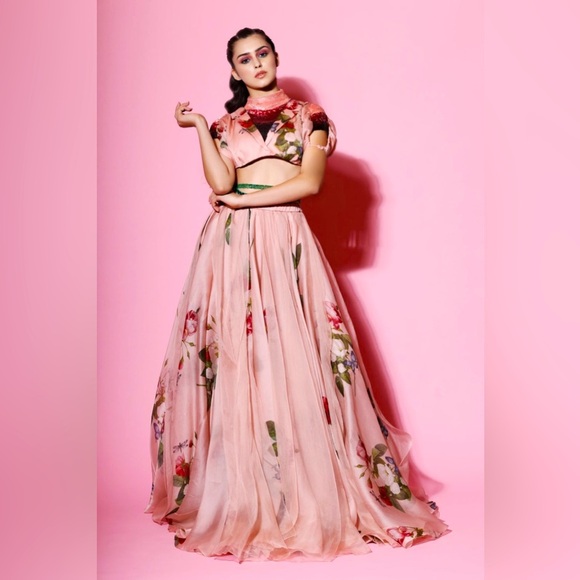 NWT Mahima Mahajan Blush Pink Floral Organza Legenga Skirt XL - Picture 1 of 16
